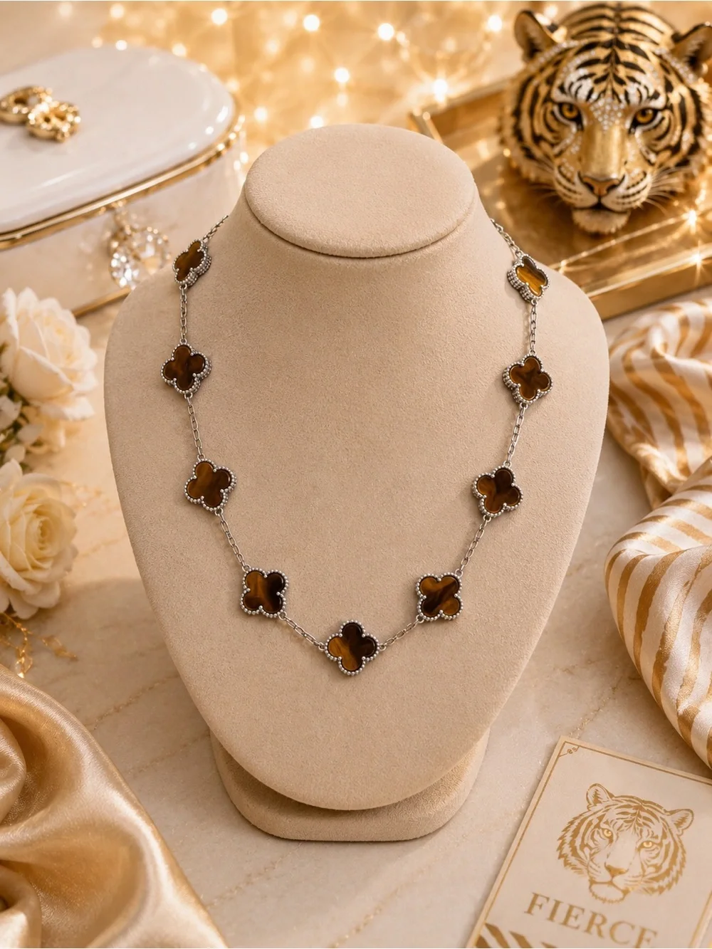 Tiger Eye Clover Jewelry 3 Pcs Set | Necklace, Bracelet & Stud Earrings - Silver